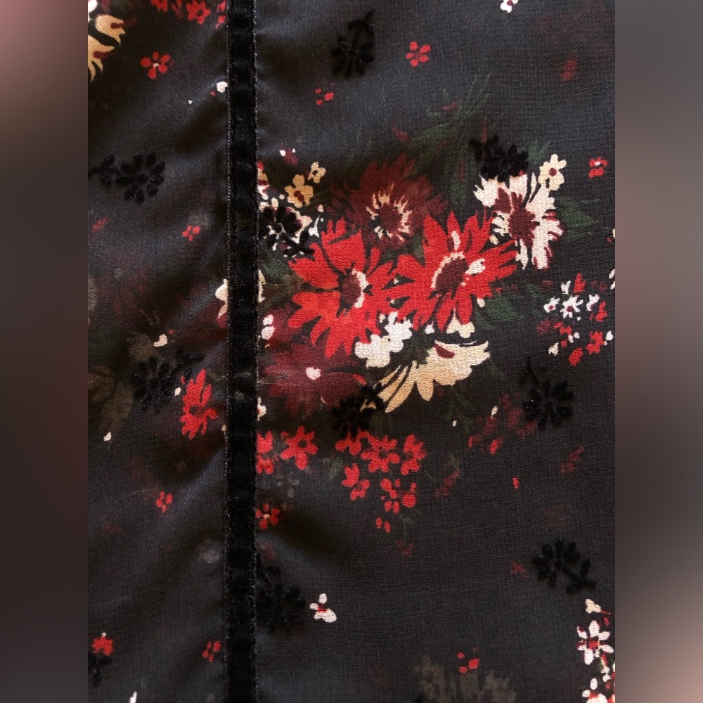 Zara Basic Sheer Dark Floral Velvet Accent V Neck Blouse w/ Ruffle Sleeve - Picture 11 of 14